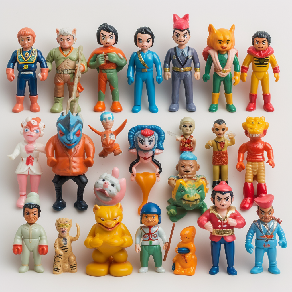 Crude painted Japanese plastic toy characters in low detail.