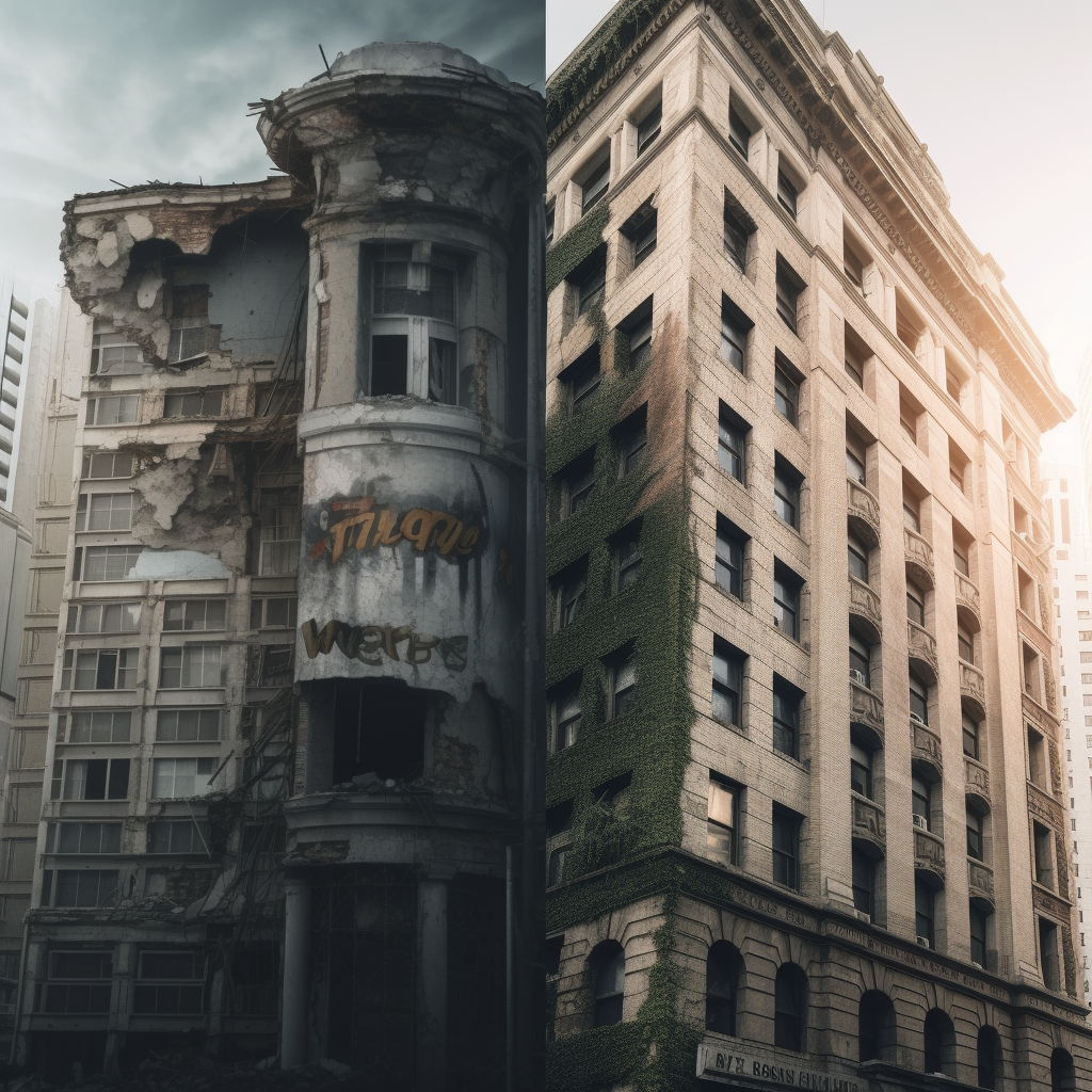 Crumbling Building Turns Into Beautiful Skyscraper, Split Image