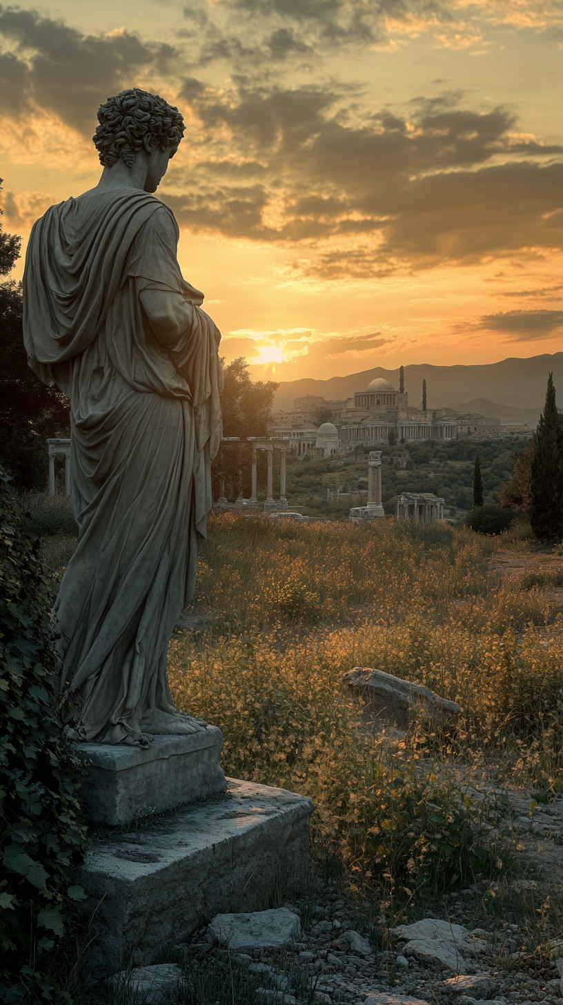 Crumbling Roman statue stands alone in field, reflecting time.