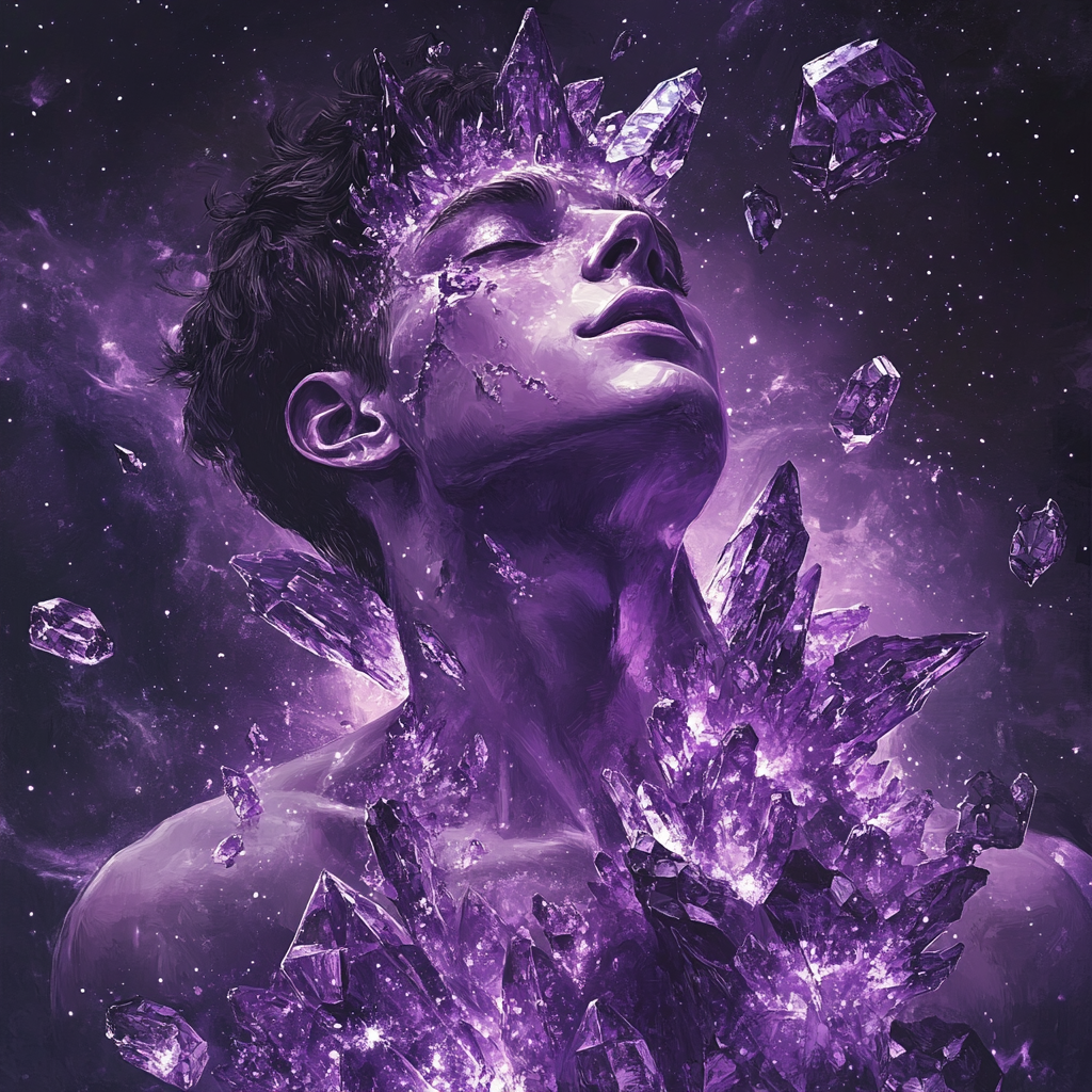 Crystalline young man with galaxy background, realistic and detailed.