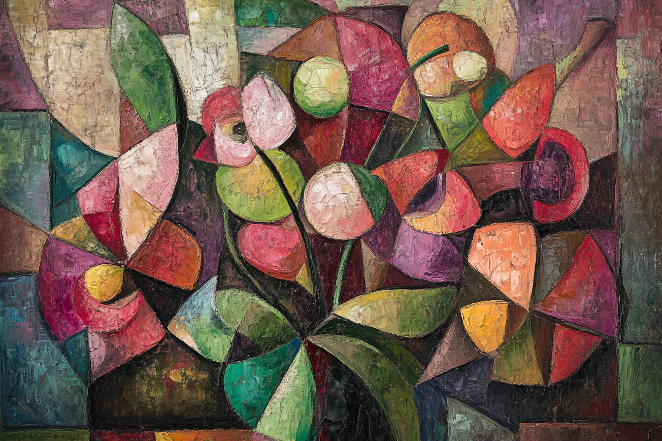 Cubist painting of flowers and fruits in Picasso style.