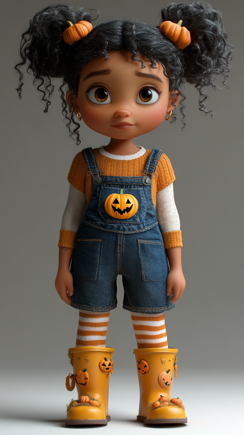 Cuite lite brown skin girl in pumpkin patch outfit.