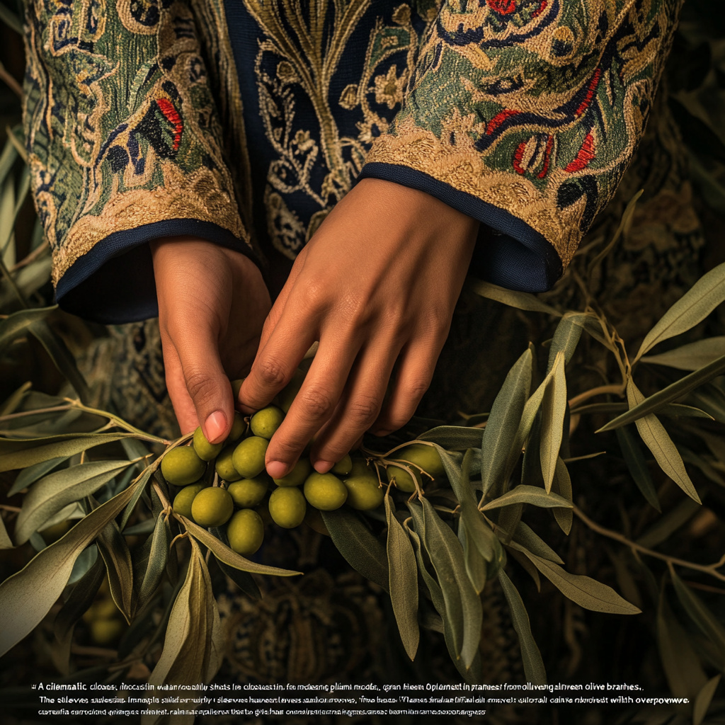 Cultural hands harvest green olives with embroidery detail