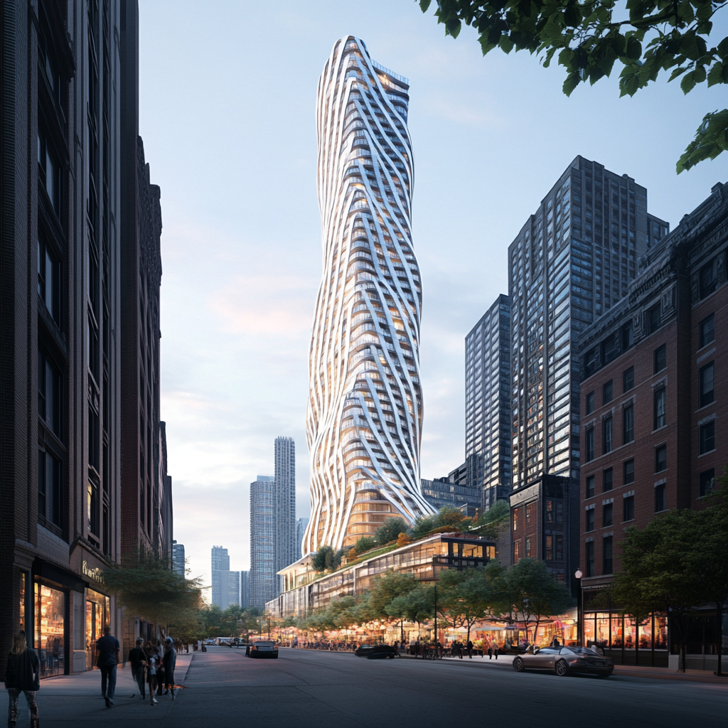 Culturally rich high-rise tower in Chicago inspired by jazz.