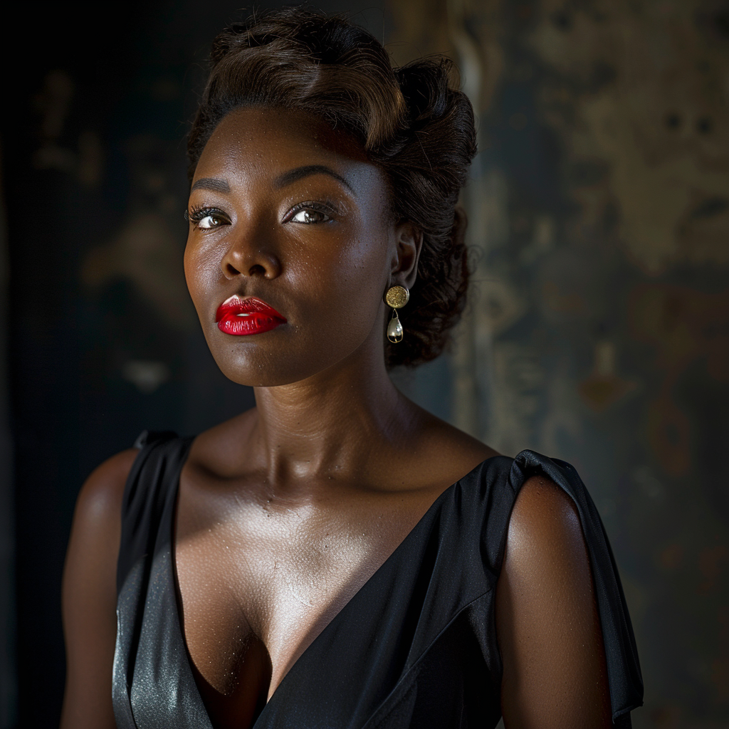 Curious African woman in black 1940s dress.