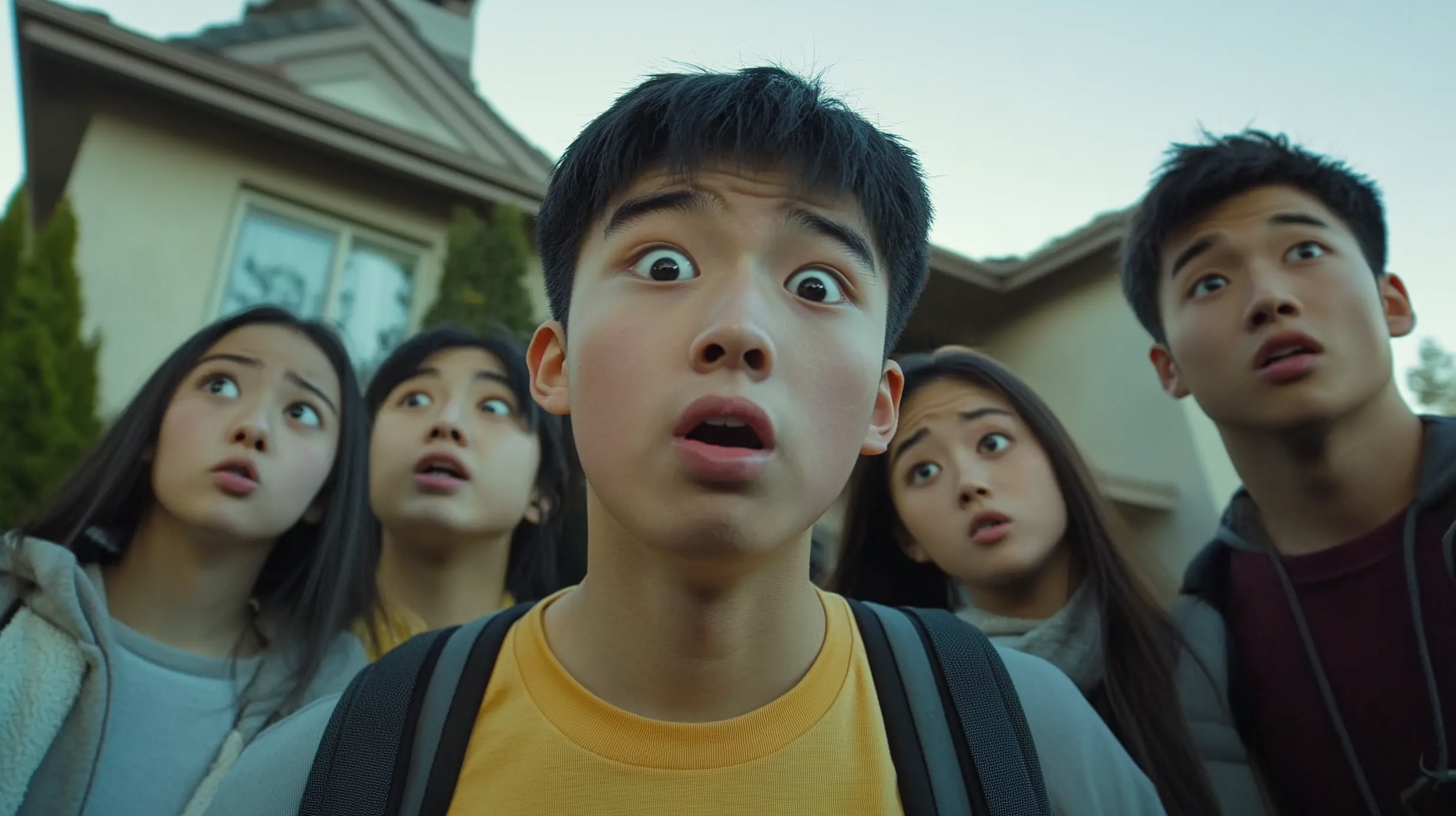 Curious Asian kids in front yard looking at camera