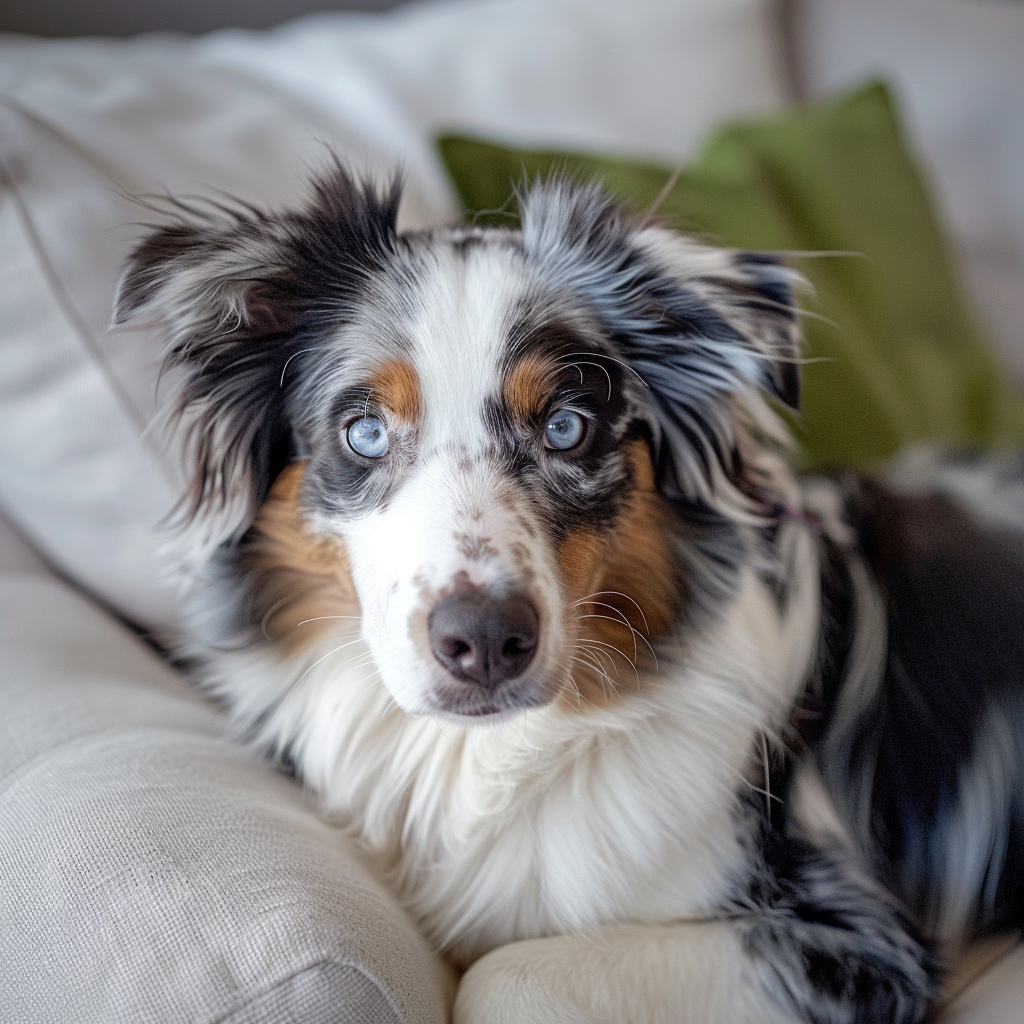 Curious Australian Shepherd dog on white sofa with green pillow.