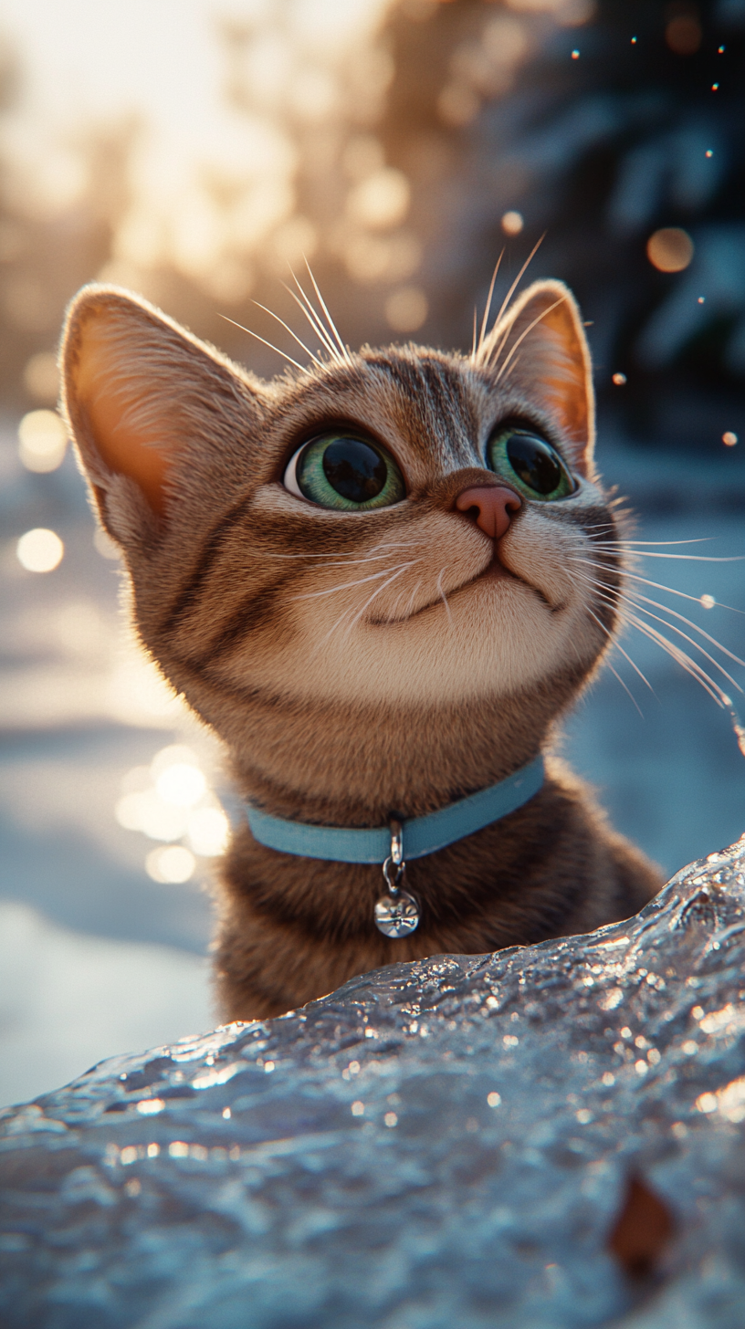 Curious Tabby Discovers Frozen Pond in Winter