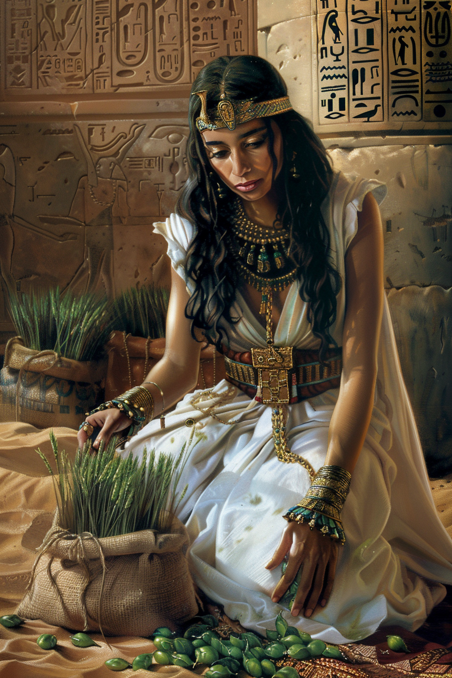 Curious ancient Egyptian woman with jewelry and white dress.