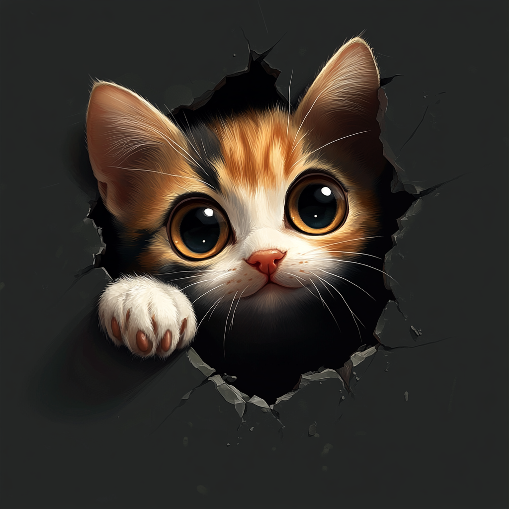 Curious cat peeks through torn hole, playful expression