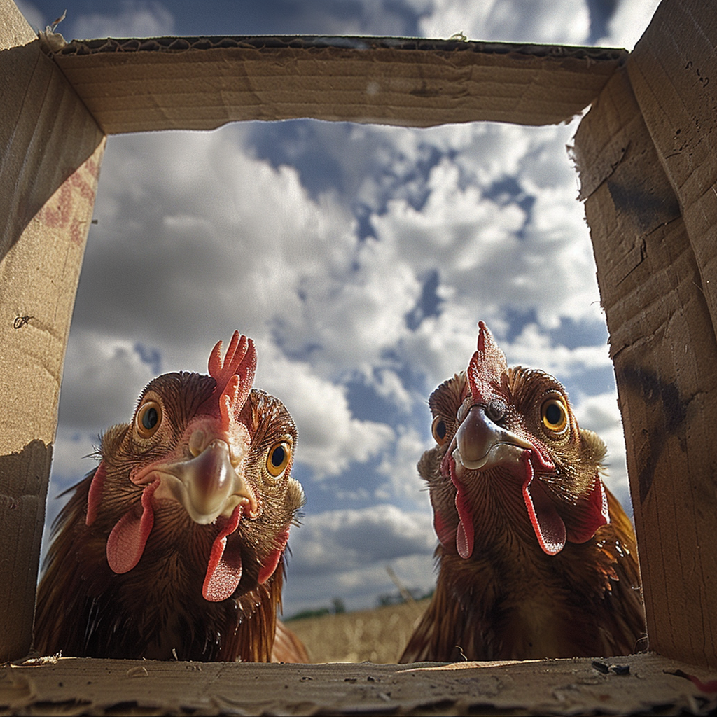 Curious chickens peek into box with viewer inside