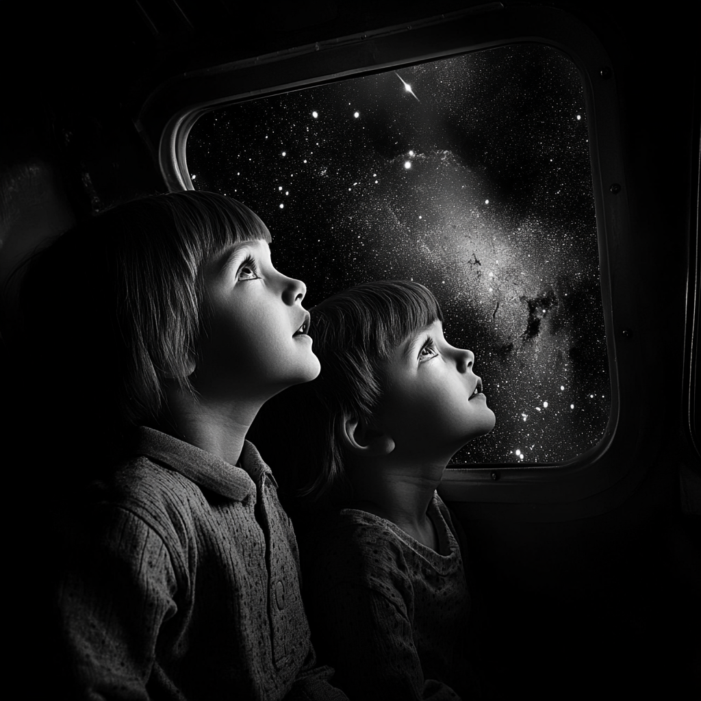 Curious children gaze at stars through spaceship window.