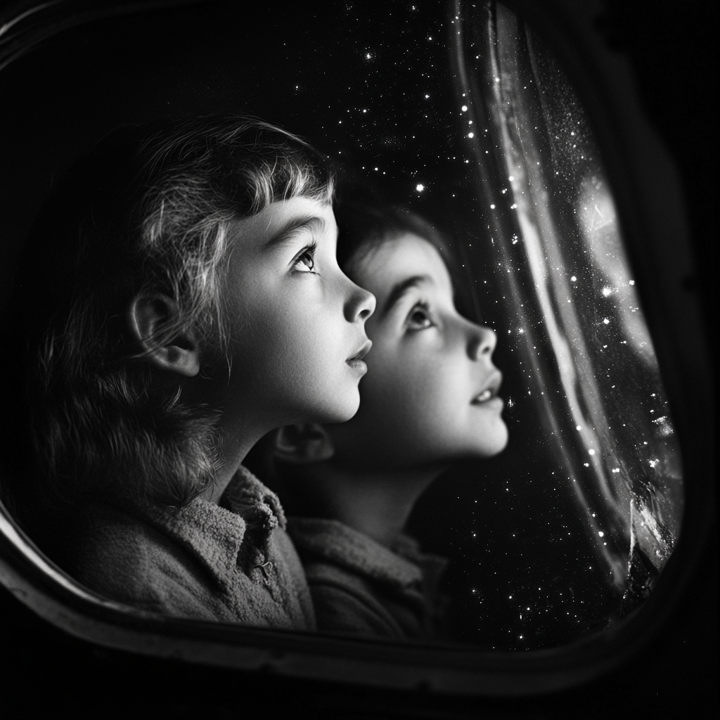 Curious children peer through window of spaceship.