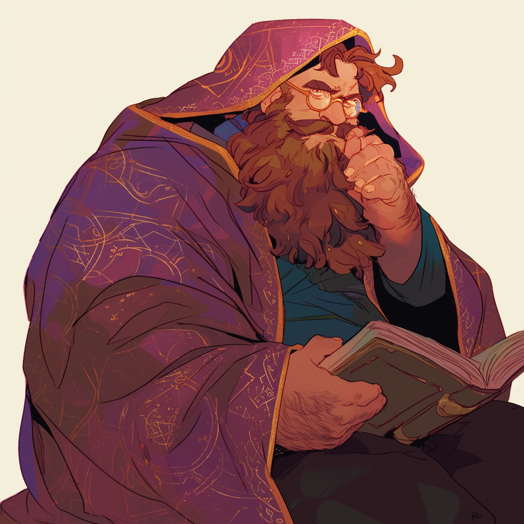 Curious dwarf wizard in colorful robes reads book