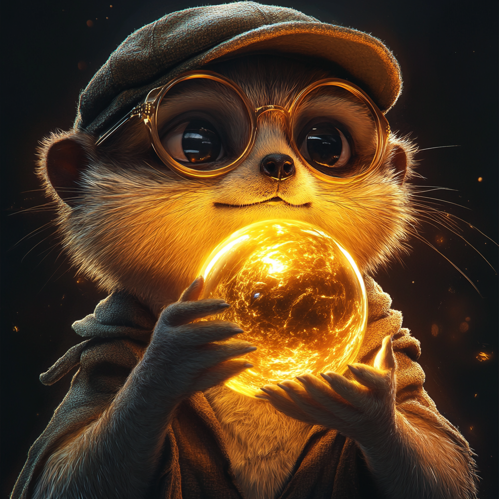 Curious meerkat with glasses holds magical orb