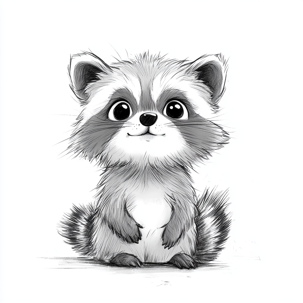 Curious raccoon in playful pose, hand-drawn style