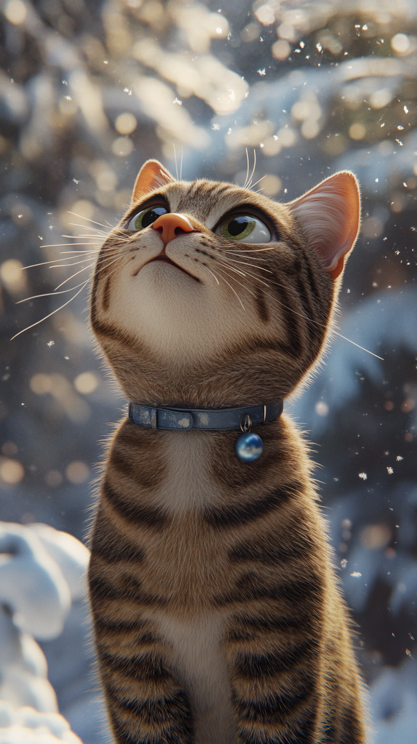 Curious tabby cat explores snowy forest adventure.