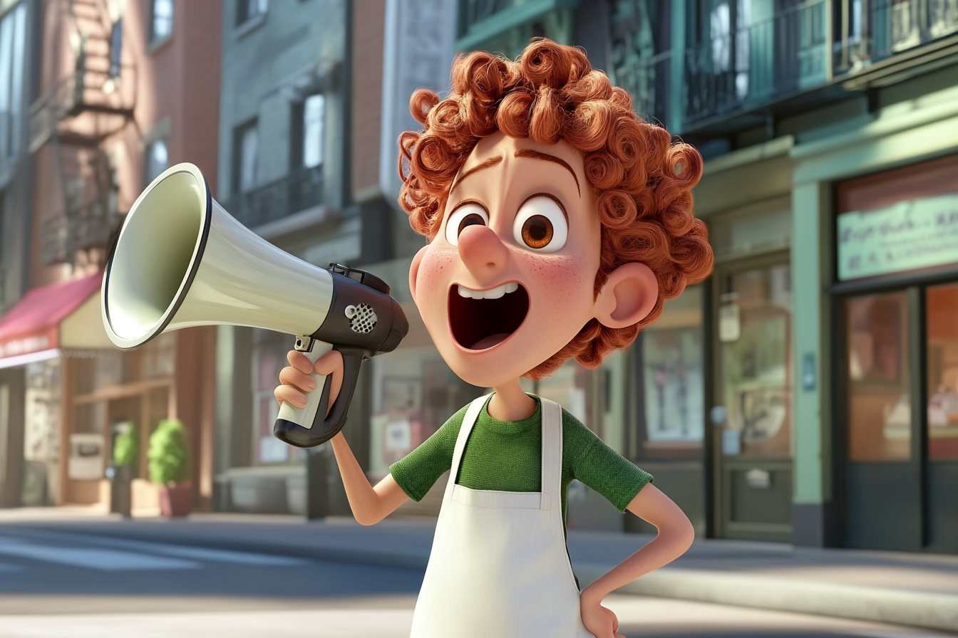 Curly Haired Cartoon Chef Calls Customers with Megaphone