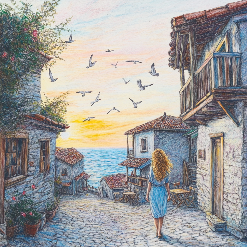 Curly blonde woman strolling in fishing village at sunset.