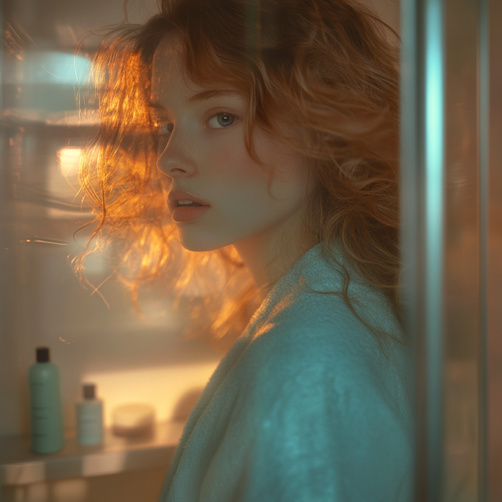 Curly-haired girl in robe in bathroom