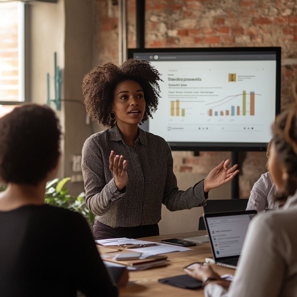 Curly-haired woman presenting to diverse colleagues on sales platform