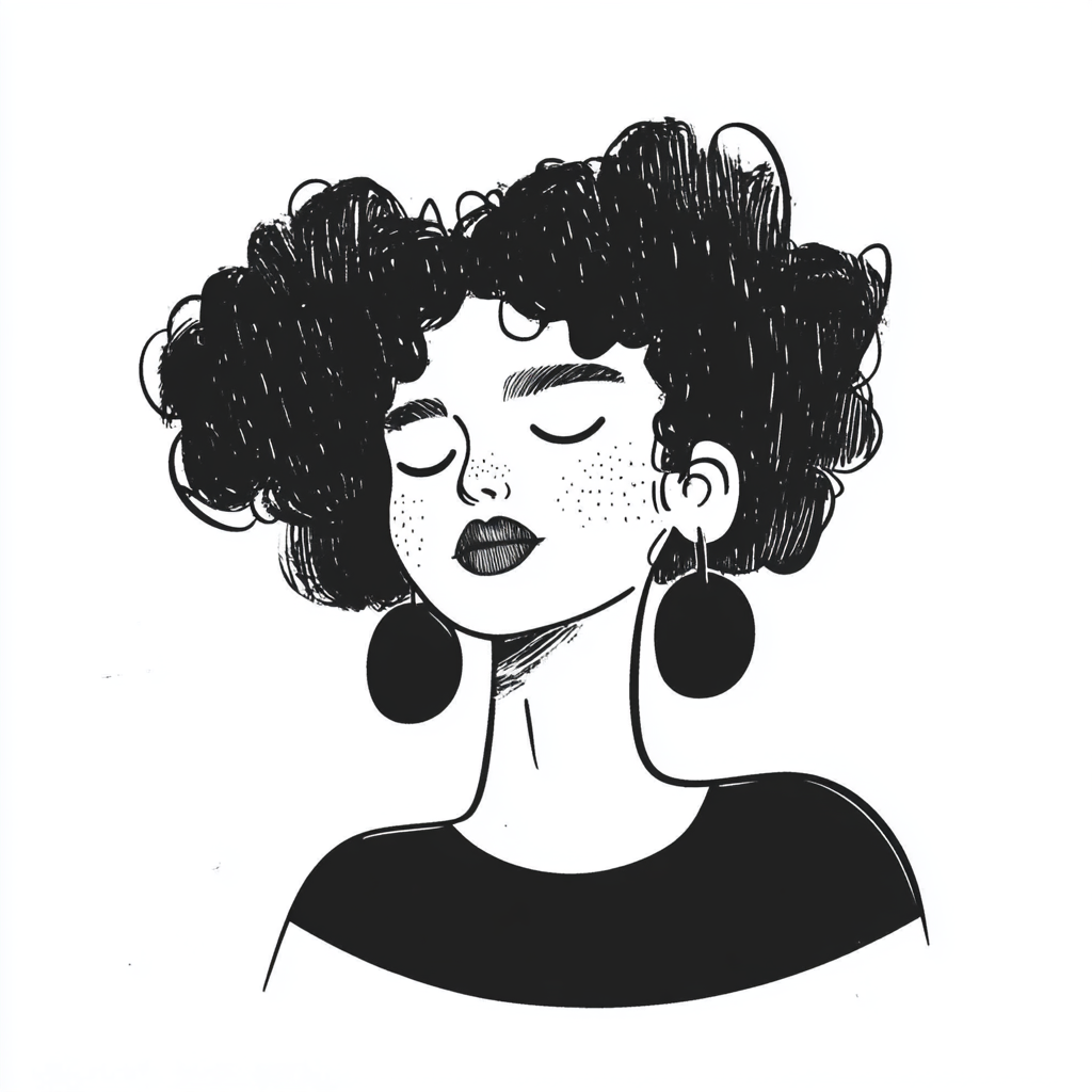 Curly-haired woman with large earrings in simple design