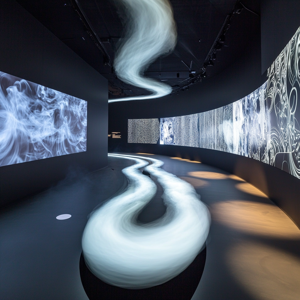 Curved tunnel with video walls, smoke rings, patterns.