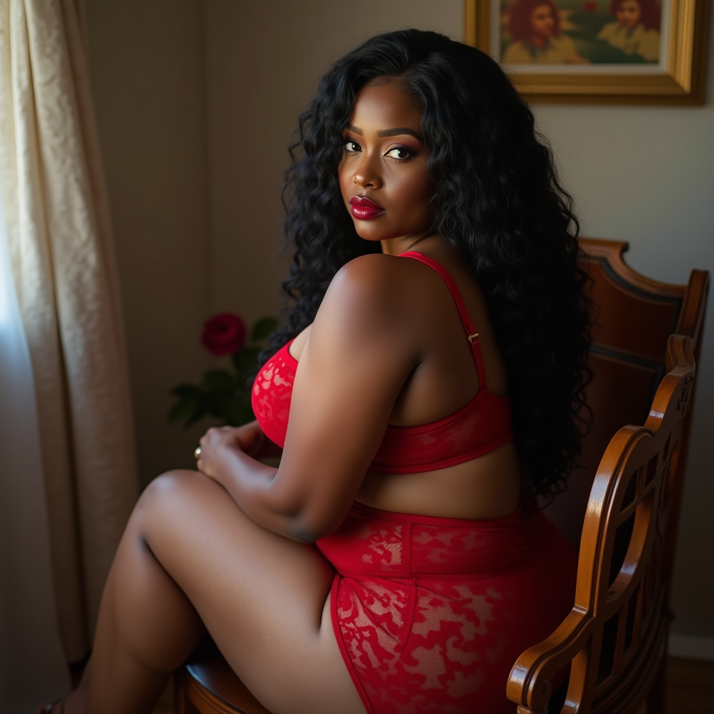Curvy Woman Poses in Red Lingerie on Wooden Chair
