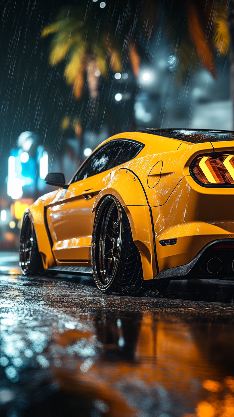 Custom Ford Mustang bodykit at night, ultra-realistic portrait photography.