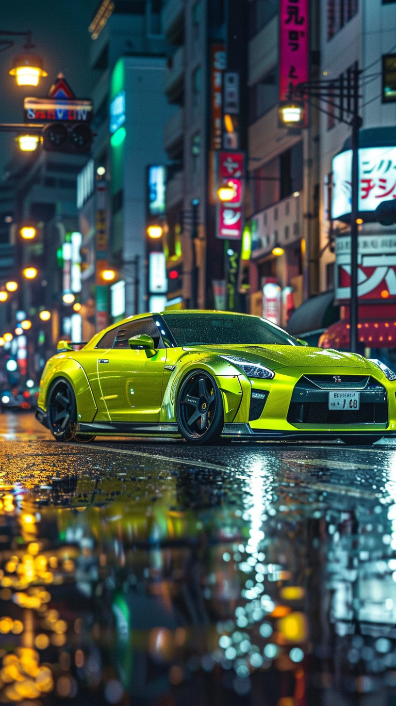 Custom Lime Green Nissan GTR R35 in Tokyo Night