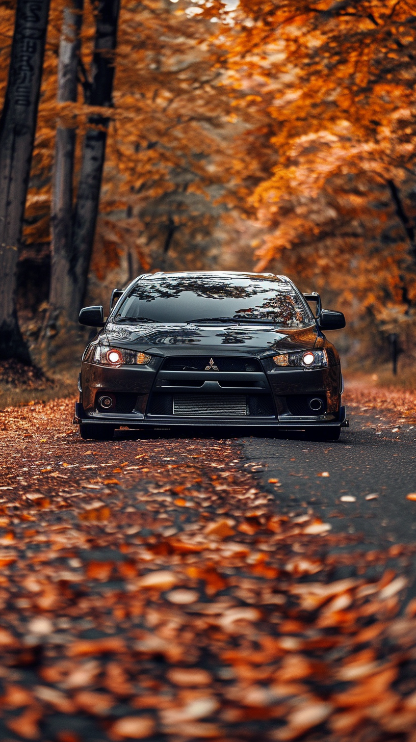 Custom Widebody Lancer Evolution X on Autumn Jungle Road