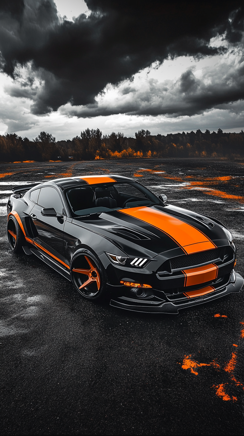 Custom bodykit Ford Mustang car in black and orange