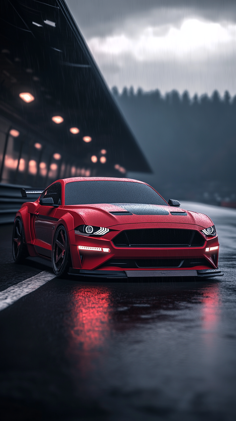 Custom red Ford Mustang front view on racing track.