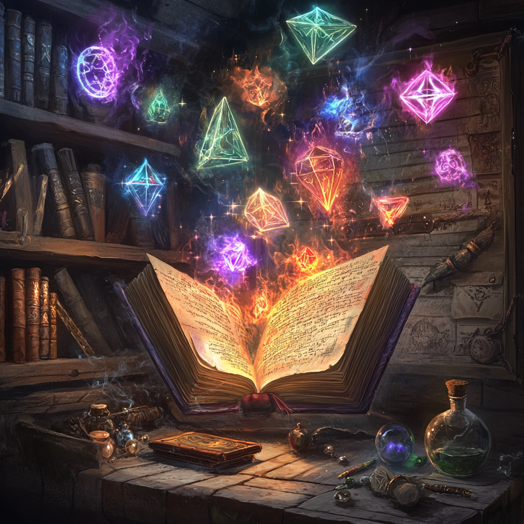 Custom spell book with glowing symbols in magical workshop.