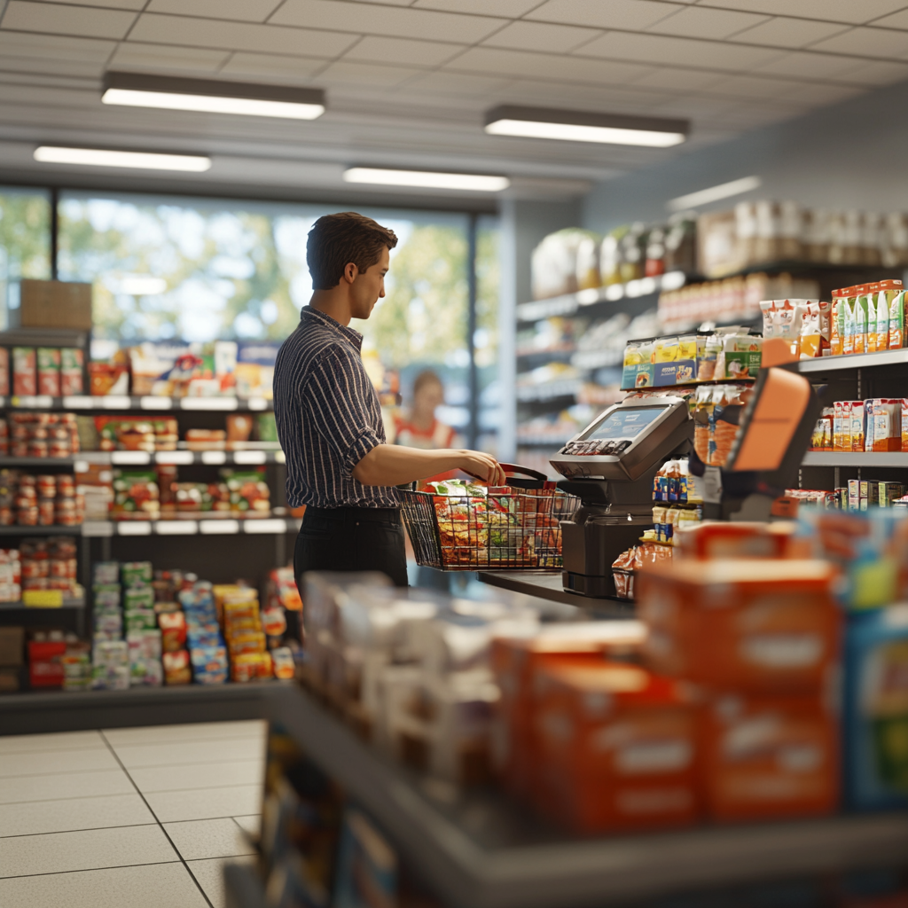 Customer's view at store checkout with warm cashier