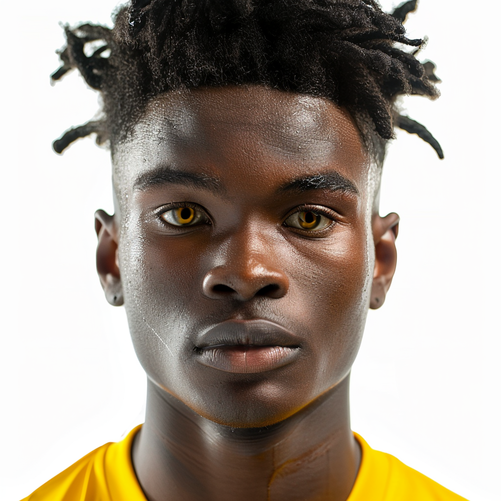 Cut out faces, professional picture, facing camera, eighteen-year-old English Nigerian football player.