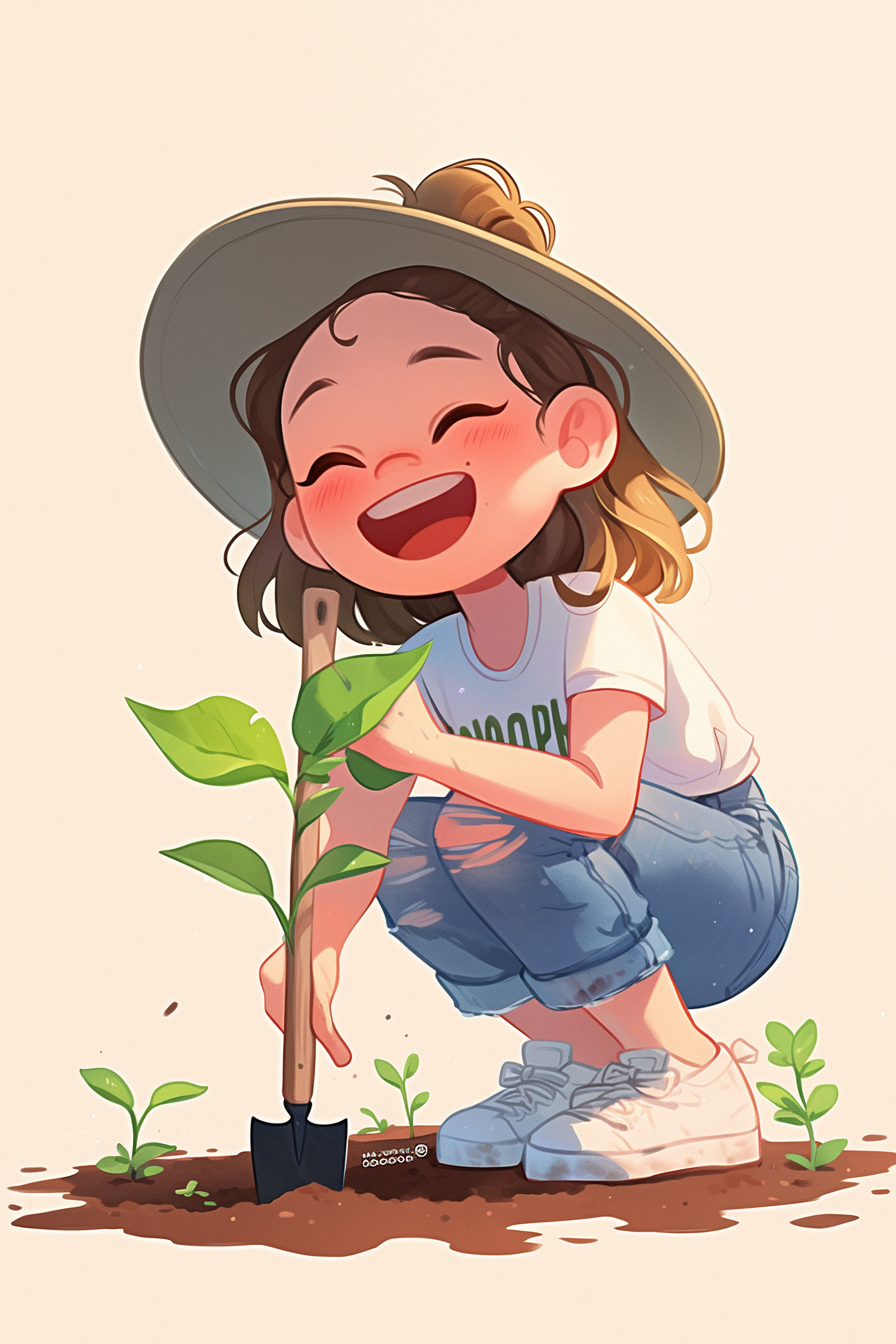 Cute, Smiling Girl in Kawaii Style, Planting Seeds