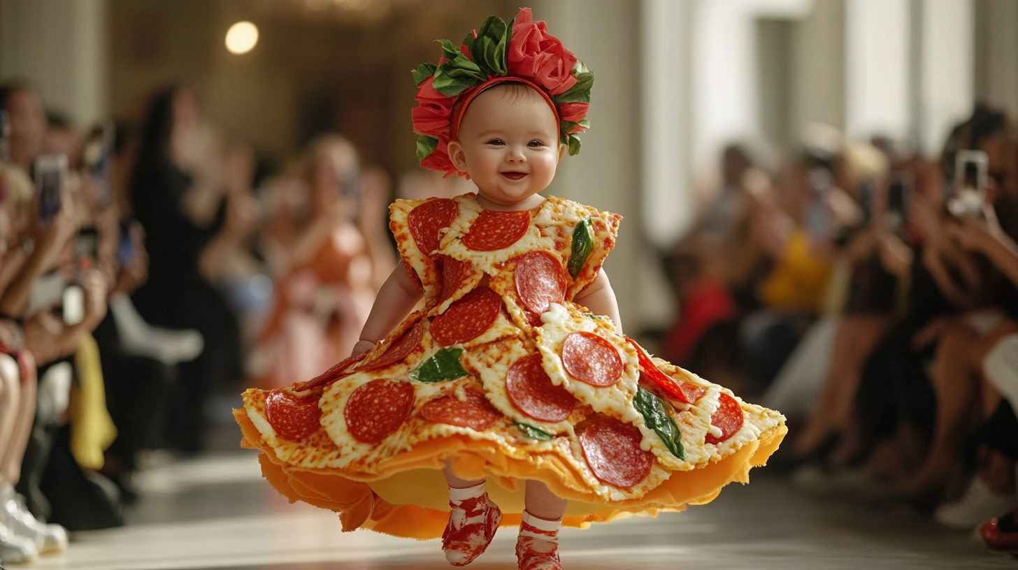 Cute Baby Fashion Show Pizza Inspired Runway Outfit Stock Image Prompt 2Moons