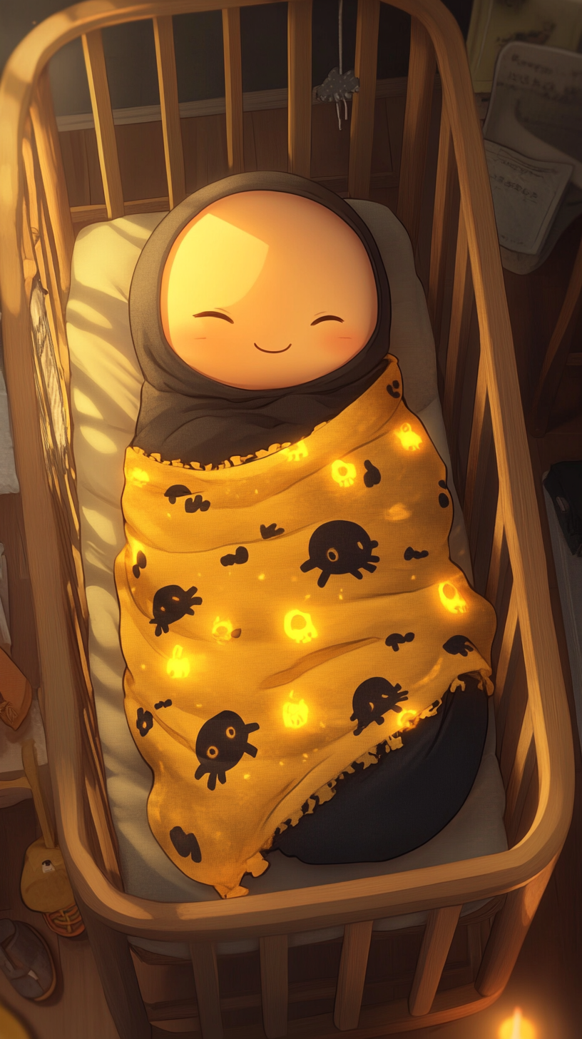 Cute Baby Koro-sensei peacefully sleeping in crib.