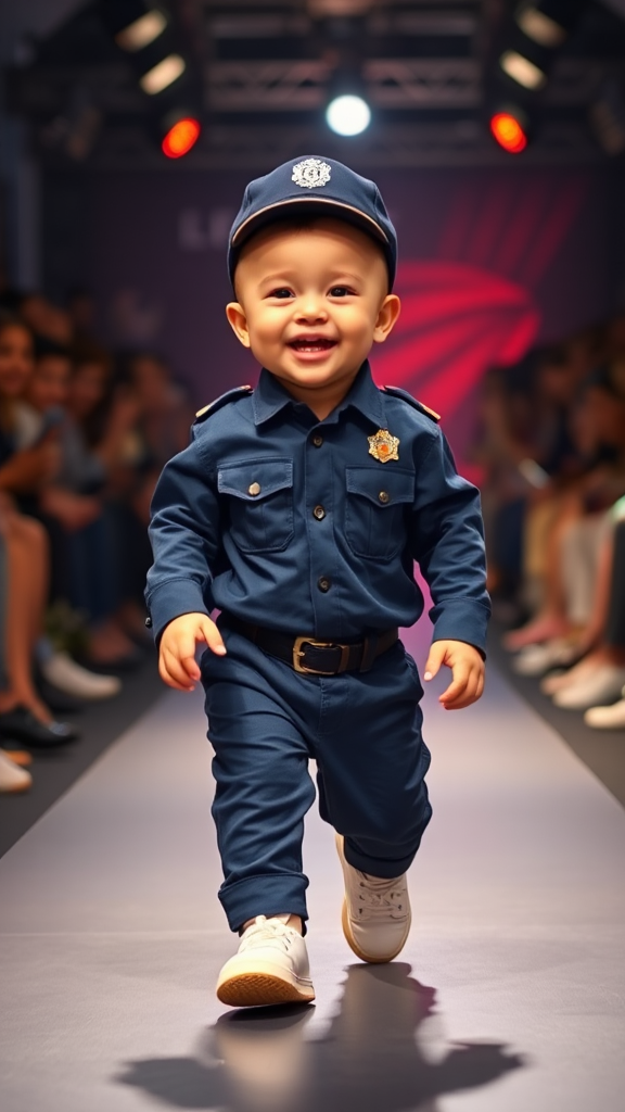 Cute Baby Police Officer Walking Runway Show