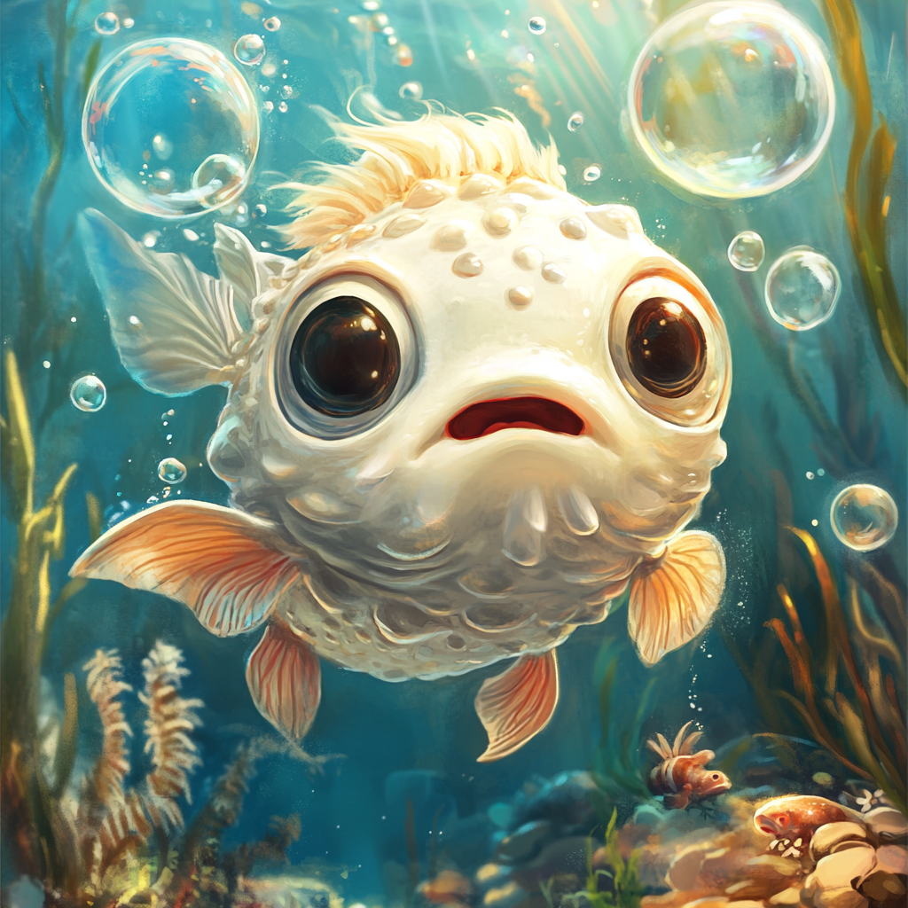 Cute Baby Pufferfish Blowing Giant Bubble, Underwater Scene.