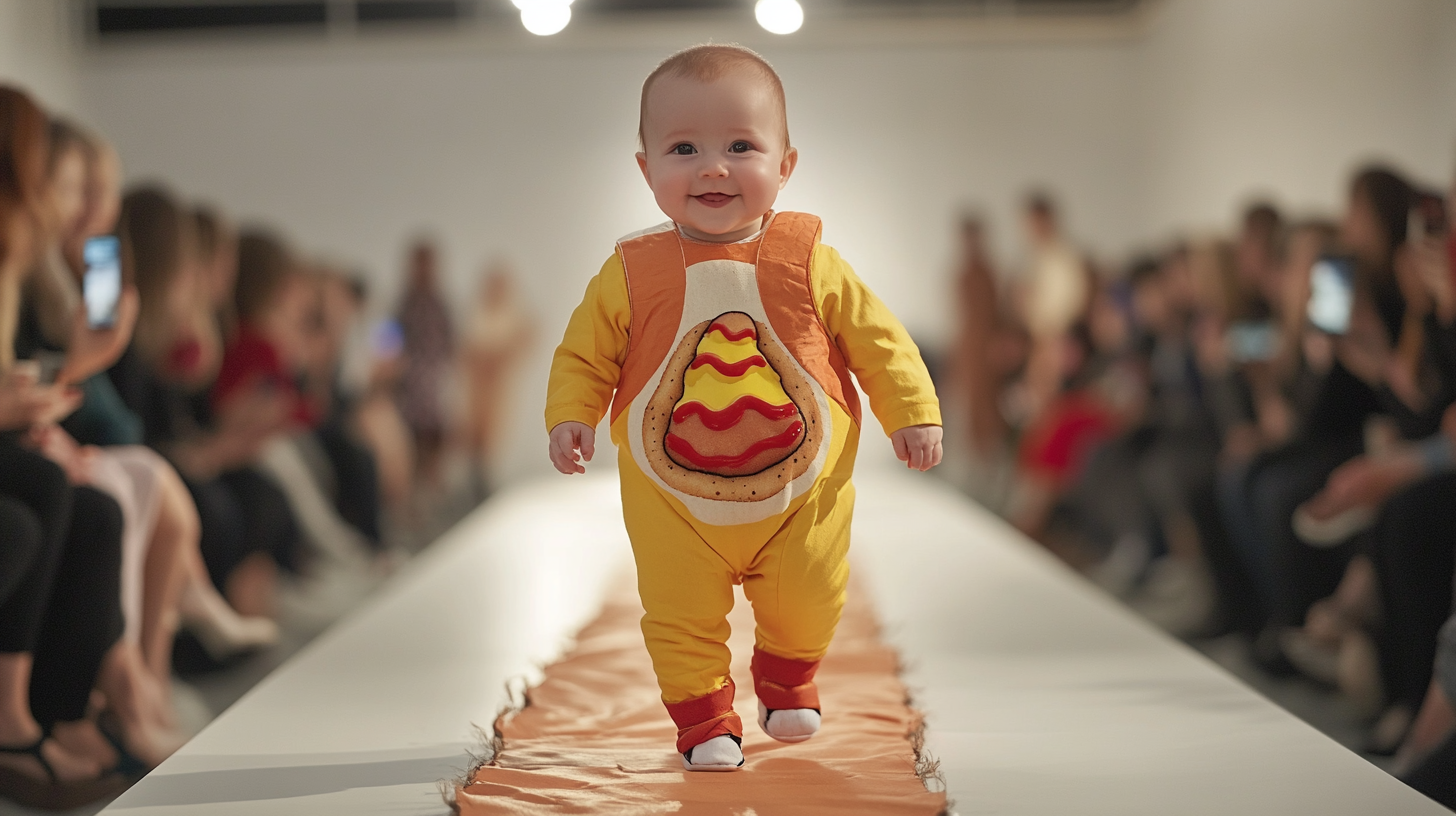 Cute Baby Walking on Hot Dog Runway 