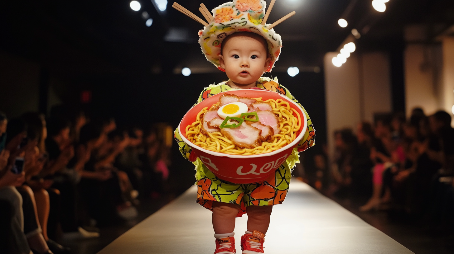 Cute Baby in Ramen-Themed Runway Outfit, TikTok Ready