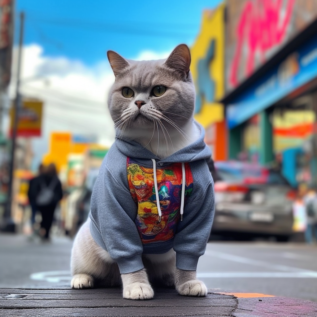 Cute British Shorthair cat in trendy outfit.