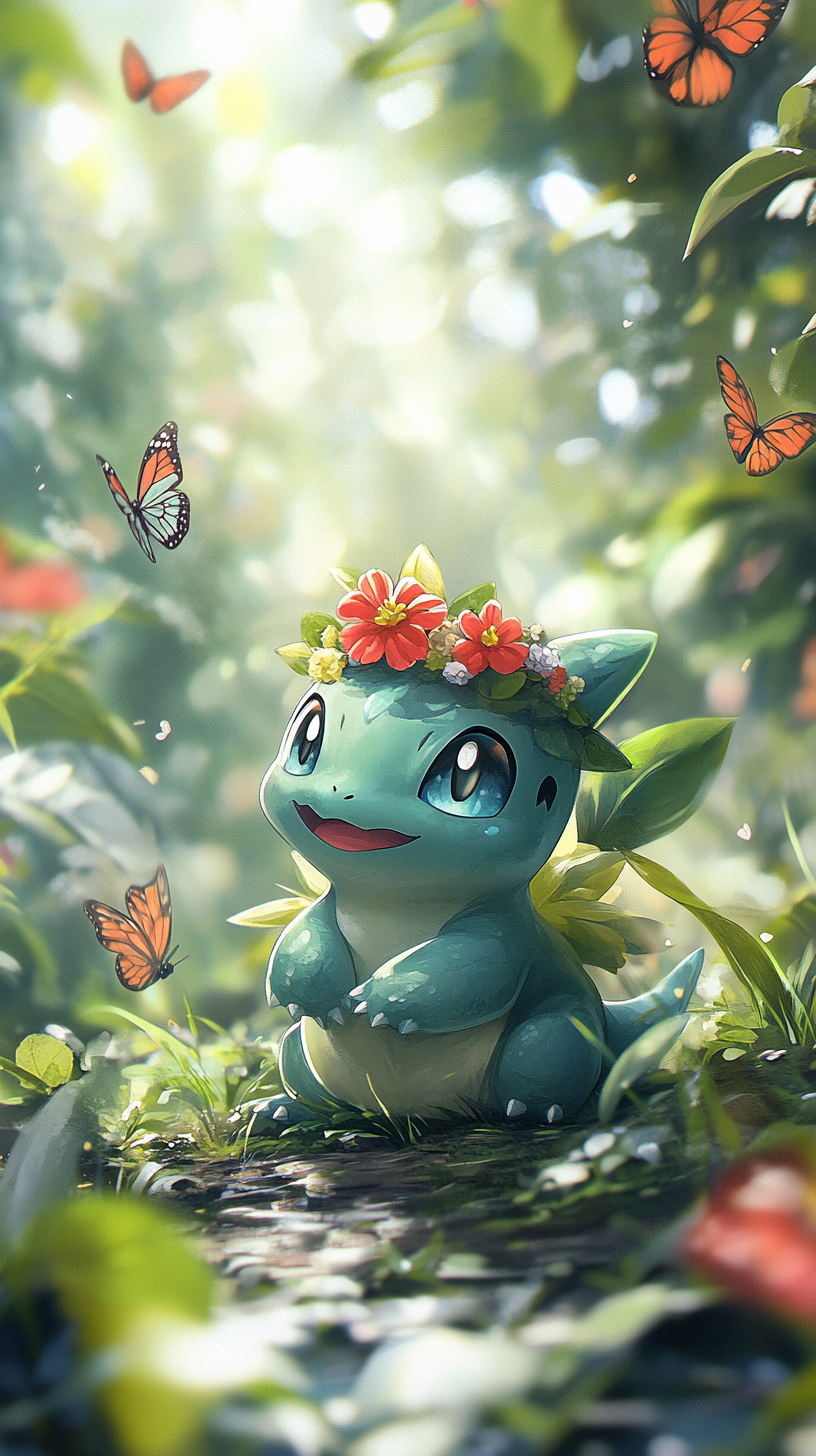 Cute Bulbasaur plays in colorful garden with butterflies.