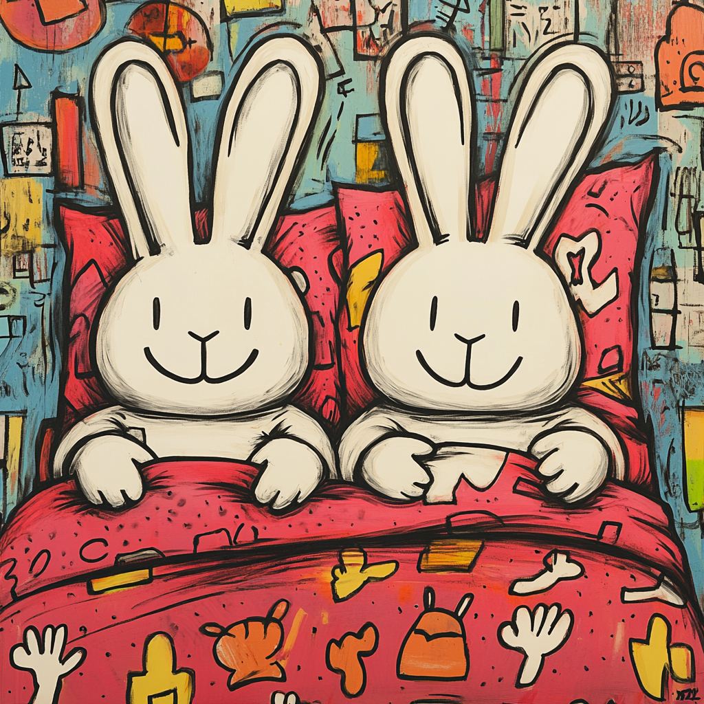 Cute Bunnies in Bed, Keith Haring Style Graffiti - s 250