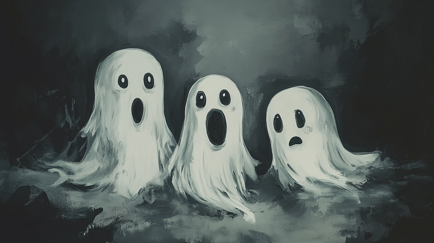 Cute Cartoon Ghosts in Acrylic Painting Style, AR 16:9