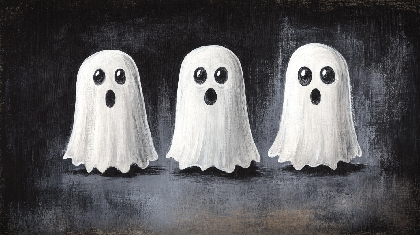 Cute Cartoon Style Ghosts Acrylic Painting on Black Backdrop