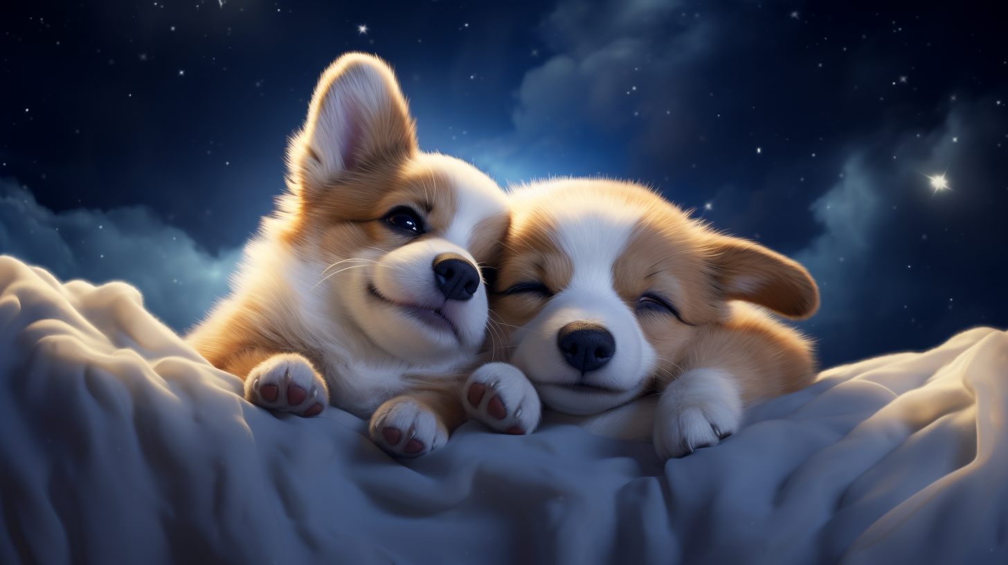 Cute Disney-Style Cartoon Corgi Puppies in Dreamy Clouds