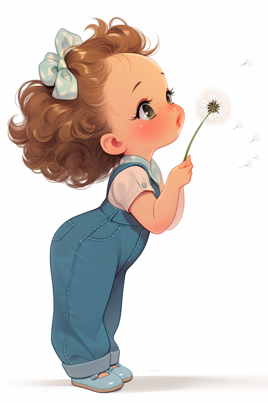 Cute Fashion Girl Blowing Dandelion in Kawaii Style